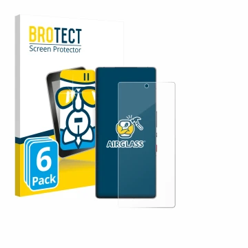 Front side of a product packaging with the brand logo BROTECT. Next to it is the device ZTE Nubia Red Magic 11 Pro+ shown with