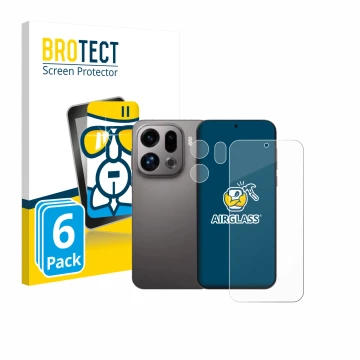 Front side of a product packaging with the brand logo BROTECT. Next to it is the device Oppo Find X9 (Front+Camera) shown with