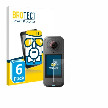 Front side of a product packaging with the brand logo BROTECT. Next to it is the device Insta360 X4 Air shown with the corresp