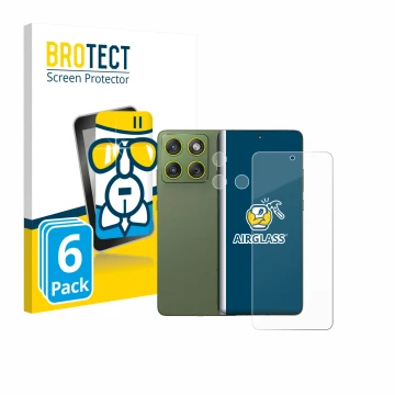 Front side of a product packaging with the brand logo BROTECT. Next to it is the device Motorola Edge 70 (Front+Camera) shown 