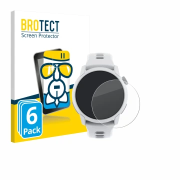 Front side of a product packaging with the brand logo BROTECT. Next to it is the device Coros Pace 4 shown with the correspond