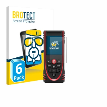 Front side of a product packaging with the brand logo BROTECT. Next to it is the device Leica DISTO X3 shown with the correspo