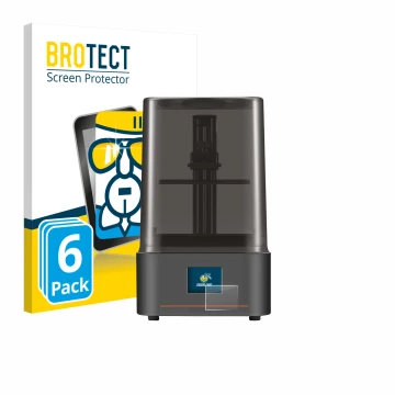 Front side of a product packaging with the brand logo BROTECT. Next to it is the device Anycubic Photon Mono 4 shown with the 