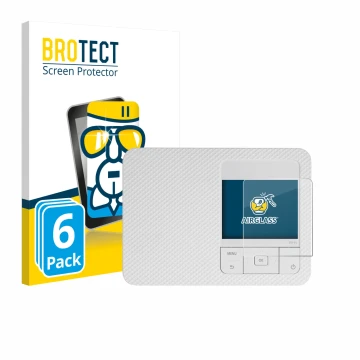 Front side of a product packaging with the brand logo BROTECT. Next to it is the device Canon Selphy CP1500 Mini shown with th