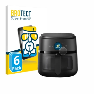Front side of a product packaging with the brand logo BROTECT. Next to it is the device Philips Airfryer 2000 Gen 2 6,2L shown
