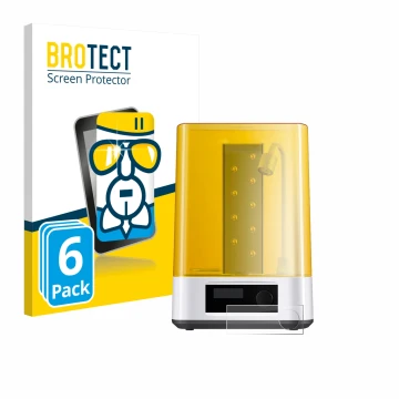 Front side of a product packaging with the brand logo BROTECT. Next to it is the device Anycubic Wash & Cure 3 shown with the 