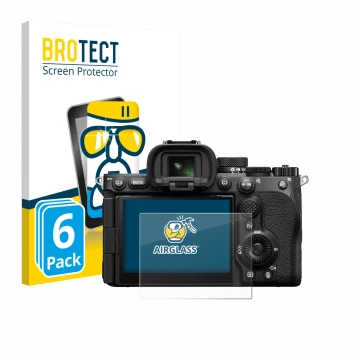 Front side of a product packaging with the brand logo BROTECT. Next to it is the device Sony Alpha 7 V (ILCE-7M5) shown with t