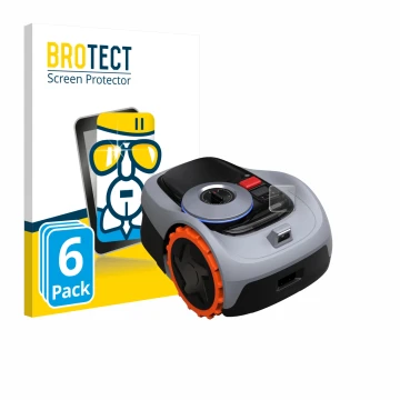 Front side of a product packaging with the brand logo BROTECT. Next to it is the device Navimow i105E+ shown with the correspo