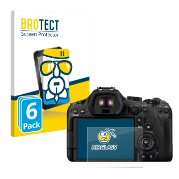 Front side of a product packaging with the brand logo BROTECT. Next to it is the device Canon EOS R6 Mark III shown with the c