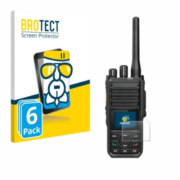 Front side of a product packaging with the brand logo BROTECT. Next to it is the device Hytera HP565 shown with the correspond