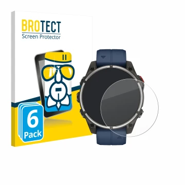 Front side of a product packaging with the brand logo BROTECT. Next to it is the device Garmin quatix 8 Pro (47 mm) shown with