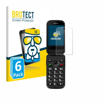 Front side of a product packaging with the brand logo BROTECT. Next to it is the device Simvalley Mobile XL-970 shown with the