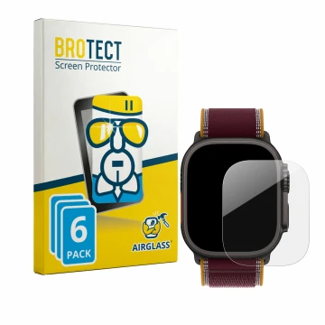 Front side of a product packaging with the brand logo BROTECT. Next to it is the device Apple Watch Ultra 4 (49 mm) shown with