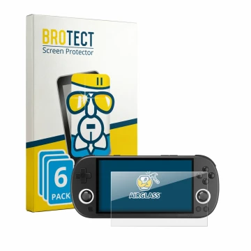 Front side of a product packaging with the brand logo BROTECT. Next to it is the device Trimui Smart Pro shown with the corres