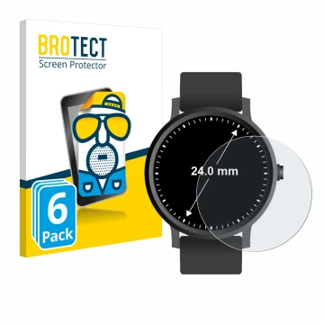 Front side of a product packaging with the brand logo BROTECT. Next to it is the device Watches (Circular, ø: 24 mm) shown wit