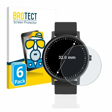 Front side of a product packaging with the brand logo BROTECT. Next to it is the device Watches (Circular, ø: 32 mm) shown wit