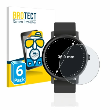 Front side of a product packaging with the brand logo BROTECT. Next to it is the device Watches (Circular, ø: 36 mm) shown wit