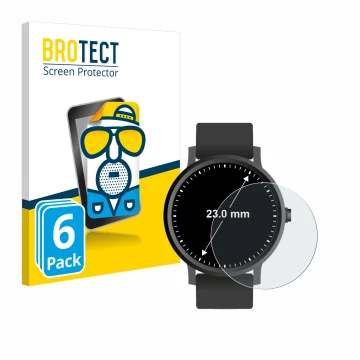 Front side of a product packaging with the brand logo BROTECT. Next to it is the device Watches (Circular, ø: 23 mm) shown wit