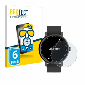 Front side of a product packaging with the brand logo BROTECT. Next to it is the device Watches (Circular, ø: 27 mm) shown wit