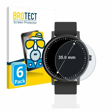 Front side of a product packaging with the brand logo BROTECT. Next to it is the device Watches (Circular, ø: 35 mm) shown wit