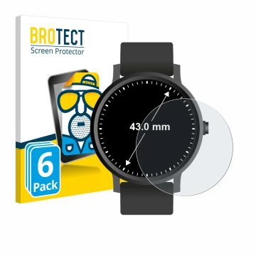 Front side of a product packaging with the brand logo BROTECT. Next to it is the device Watches (Circular, ø: 43 mm) shown wit