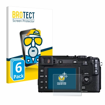 Front side of a product packaging with the brand logo BROTECT. Next to it is the device Fujifilm X-E1 shown with the correspon