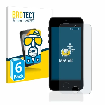 Front side of a product packaging with the brand logo BROTECT. Next to it is the device Apple iPhone 5S shown with the corresp