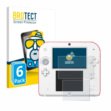 Front side of a product packaging with the brand logo BROTECT. Next to it is the device Nintendo 2DS shown with the correspond