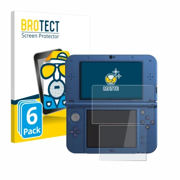 Front side of a product packaging with the brand logo BROTECT. Next to it is the device Nintendo New 3DS XL shown with the cor