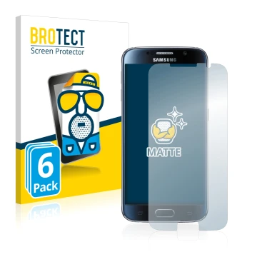 Front side of a product packaging with the brand logo BROTECT. Next to it is the device Samsung Galaxy S6 shown with the corre