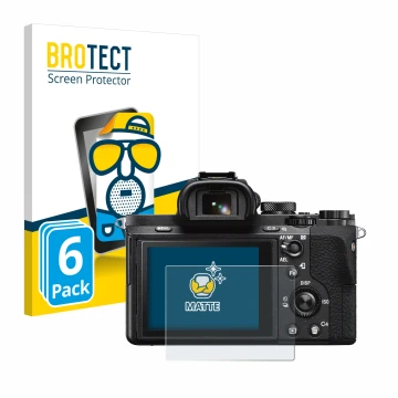 Front side of a product packaging with the brand logo BROTECT. Next to it is the device Sony Alpha 7 II (ILCE-7M2) shown with 