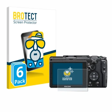 Front side of a product packaging with the brand logo BROTECT. Next to it is the device Ricoh GR II 2015 shown with the corres