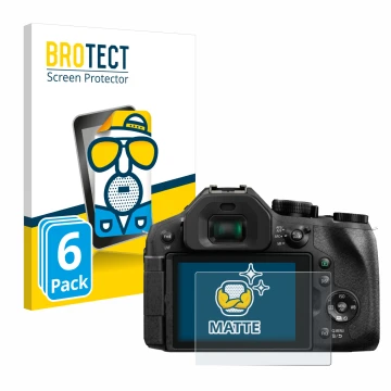 Front side of a product packaging with the brand logo BROTECT. Next to it is the device Panasonic Lumix DMC-FZ300 shown with t
