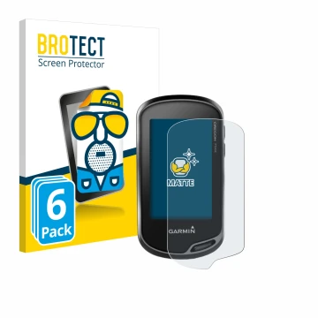 Front side of a product packaging with the brand logo BROTECT. Next to it is the device Garmin Oregon 750t shown with the corr