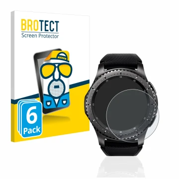 Front side of a product packaging with the brand logo BROTECT. Next to it is the device Samsung Gear S3 Frontier shown with th