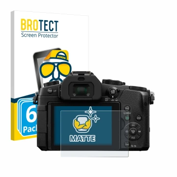 Front side of a product packaging with the brand logo BROTECT. Next to it is the device Panasonic Lumix DMC-G81 shown with the