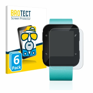 Front side of a product packaging with the brand logo BROTECT. Next to it is the device Garmin Forerunner 35 shown with the co