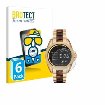 Front side of a product packaging with the brand logo BROTECT. Next to it is the device Michael Kors Access Bradshaw shown wit