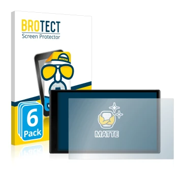 Front side of a product packaging with the brand logo BROTECT. Next to it is the device Garmin DriveSmart 61 LMT-D shown with 