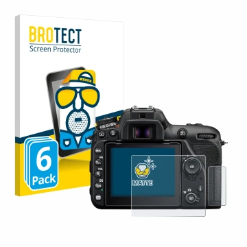 Front side of a product packaging with the brand logo BROTECT. Next to it is the device Nikon D7500 shown with the correspondi
