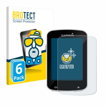 Front side of a product packaging with the brand logo BROTECT. Next to it is the device Garmin Edge Explore 820 shown with the