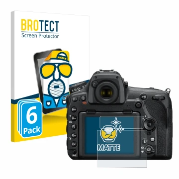 Front side of a product packaging with the brand logo BROTECT. Next to it is the device Nikon D850 shown with the correspondin