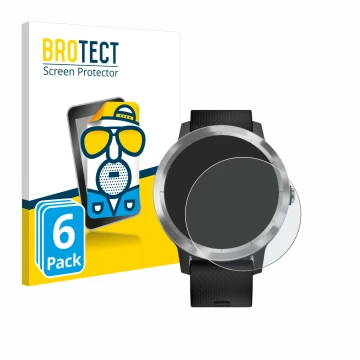Front side of a product packaging with the brand logo BROTECT. Next to it is the device Garmin vivoactive 3 shown with the cor