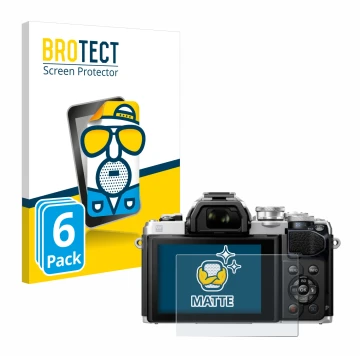 Front side of a product packaging with the brand logo BROTECT. Next to it is the device Olympus OM-D E-M10 Mark III shown with