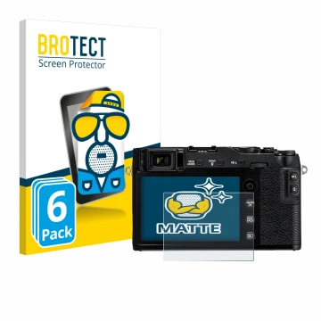 Front side of a product packaging with the brand logo BROTECT. Next to it is the device Fujifilm X-E3 shown with the correspon