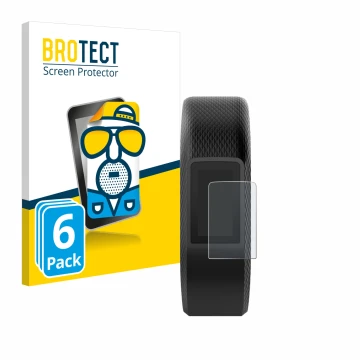 Front side of a product packaging with the brand logo BROTECT. Next to it is the device Garmin Vivosport shown with the corres