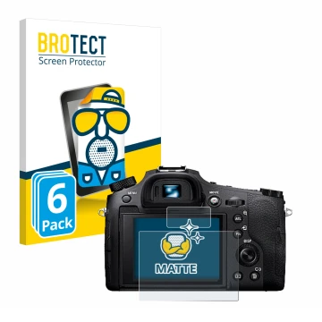 Front side of a product packaging with the brand logo BROTECT. Next to it is the device Sony Cyber-Shot DSC-RX10 IV shown with
