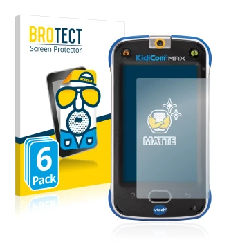 Front side of a product packaging with the brand logo BROTECT. Next to it is the device Vtech Kidicom Max shown with the corre