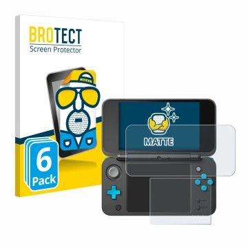 Front side of a product packaging with the brand logo BROTECT. Next to it is the device New Nintendo 2DS XL shown with the cor