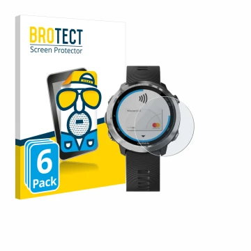 Front side of a product packaging with the brand logo BROTECT. Next to it is the device Garmin Forerunner 645 shown with the c